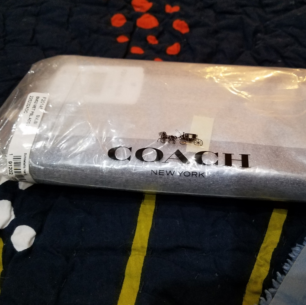 Coach Metallic Navy Blue Leather With Silver Hardware Accordion Zip Wallet NWT - Picture 10 of 14
